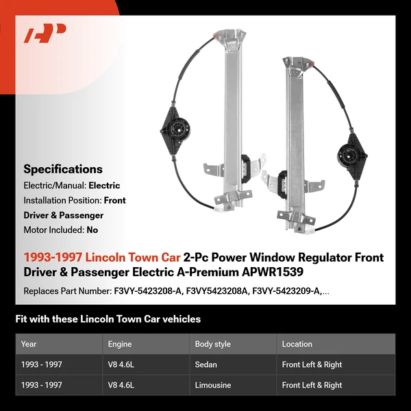 1993-1997 Lincoln Town Car 2-Pc Power Window Regulator Front Driver & Passenger Electric A-Premium APWR1539