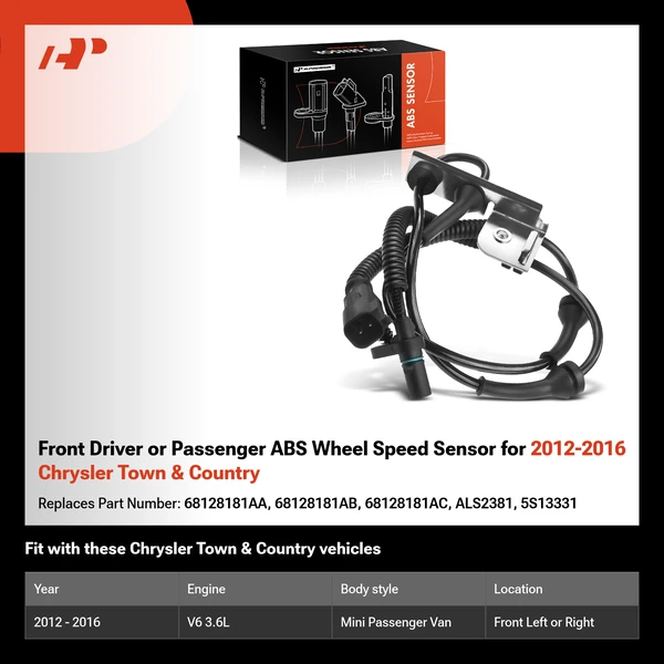 Front Driver or Passenger ABS Wheel Speed Sensor for 2012-2016 Chrysler Town & Country