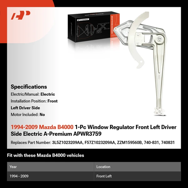 1994-2009 Mazda B4000 1-Pc Window Regulator Front Left Driver Side Electric A-Premium APWR3759