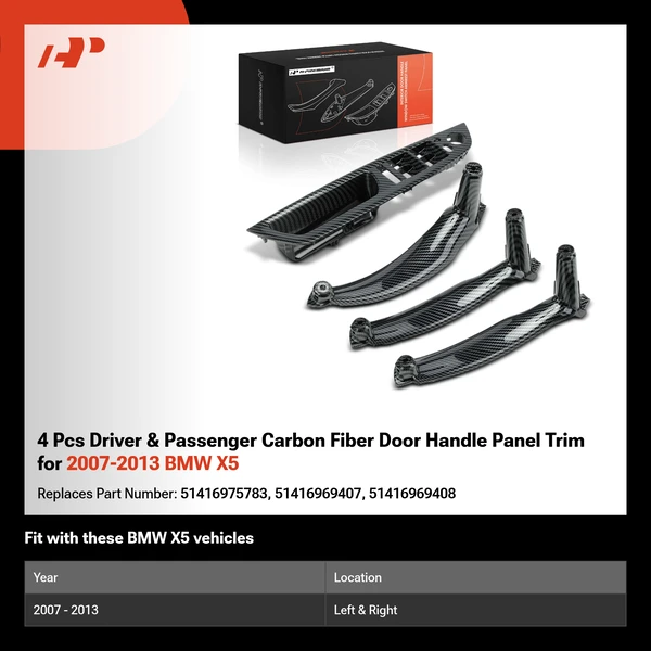 4 Pcs Driver & Passenger Carbon Fiber Door Handle Panel Trim for 2007-2013 BMW X5