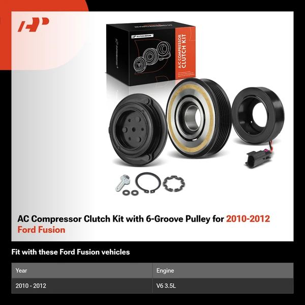 AC Compressor Clutch Kit with 6-Groove Pulley for 2010-2012 Ford Fusion