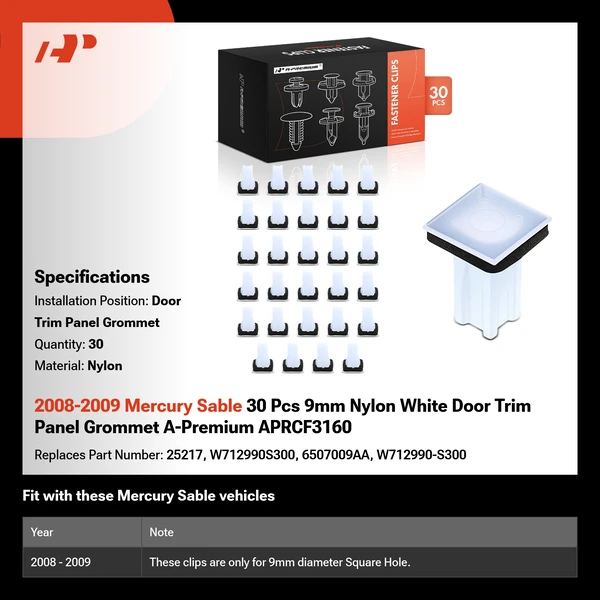 2008-2009 Mercury Sable 30 Pcs 9mm Nylon White Door Trim Panel Grommet A-Premium APRCF3160