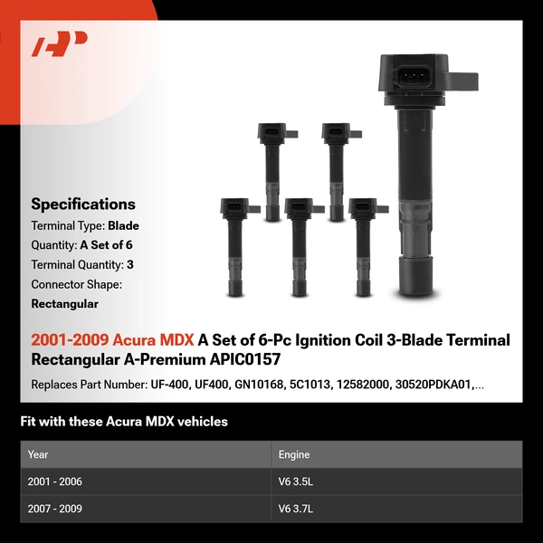 2001-2009 Acura MDX A Set of 6-Pc Ignition Coil 3-Blade Terminal Rectangular A-Premium APIC0157