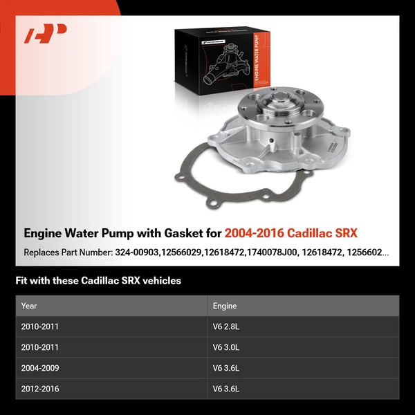 Engine Water Pump with Gasket for 2004-2016 Cadillac SRX