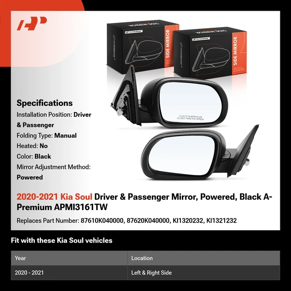2020-2021 Kia Soul Driver & Passenger Mirror, Powered, Black A-Premium APMI3161TW