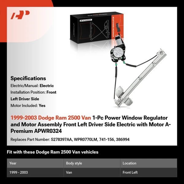 1999-2003 Dodge Ram 2500 Van 1-Pc Power Window Regulator and Motor Assembly Front Left Driver Side Electric with Motor A-Premium APWR0324