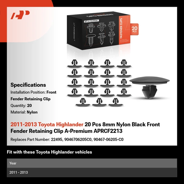 2011-2013 Toyota Highlander 20 Pcs 8mm Nylon Black Front Fender Retaining Clip A-Premium APRCF2213