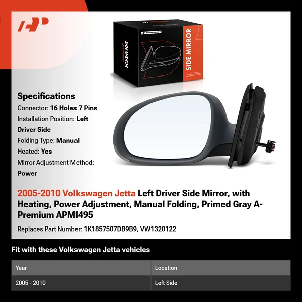 2005-2010 Volkswagen Jetta Left Driver Side Mirror, with Heating, Power Adjustment, Manual Folding, Primed Gray A-Premium APMI495