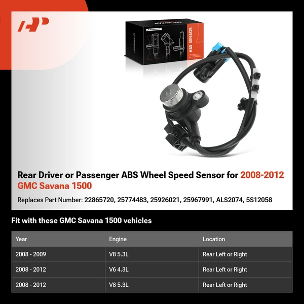 Rear Driver or Passenger ABS Wheel Speed Sensor for 2008-2012 GMC Savana 1500