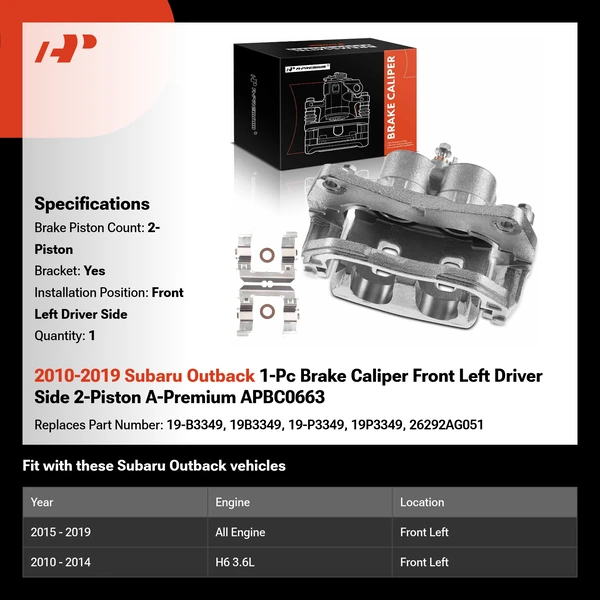 2010-2019 Subaru Outback 1-Pc Brake Caliper Front Left Driver Side 2-Piston A-Premium APBC0663