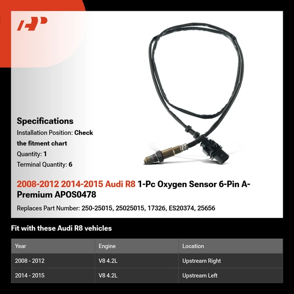 2008-2012 2014-2015 Audi R8 1-Pc Oxygen Sensor 6-Pin A-Premium APOS0478