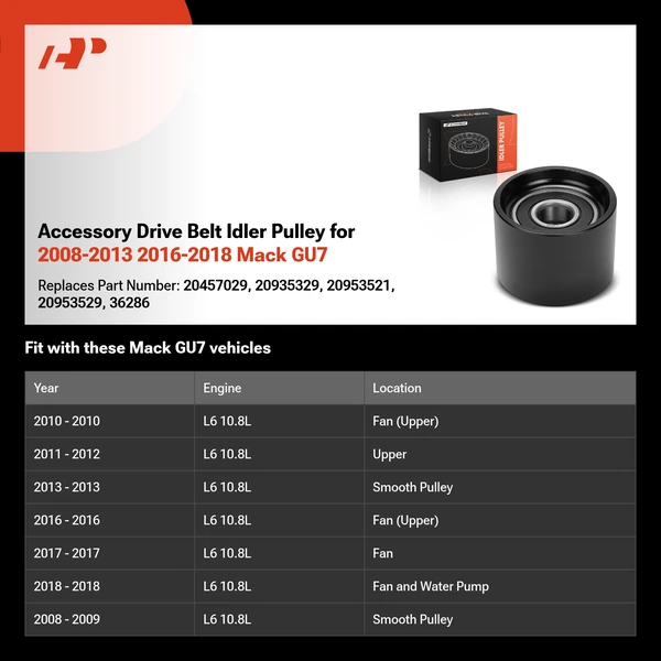 Accessory Drive Belt Idler Pulley for 2008-2013 2016-2018 Mack GU7