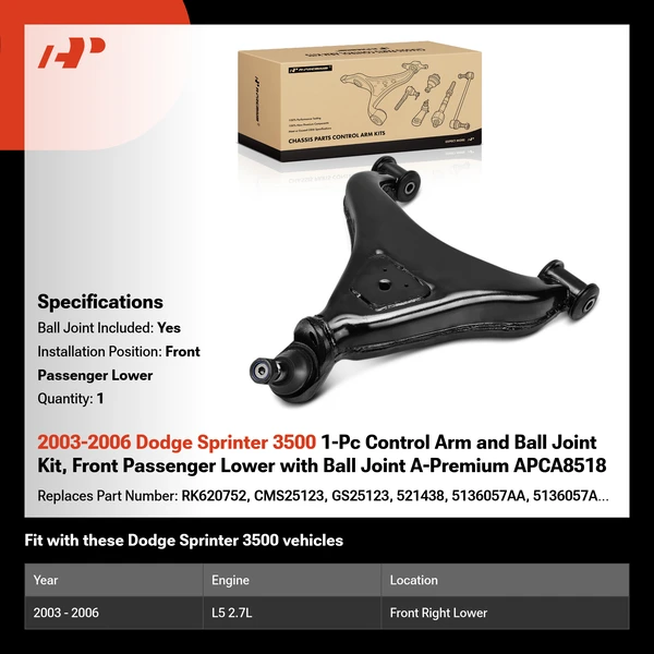 2003-2006 Dodge Sprinter 3500 1-Pc Control Arm and Ball Joint Kit, Front Passenger Lower with Ball Joint A-Premium APCA8518