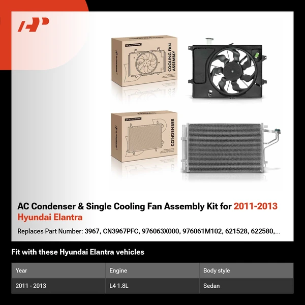 AC Condenser & Single Cooling Fan Assembly Kit for 2011-2013 Hyundai Elantra