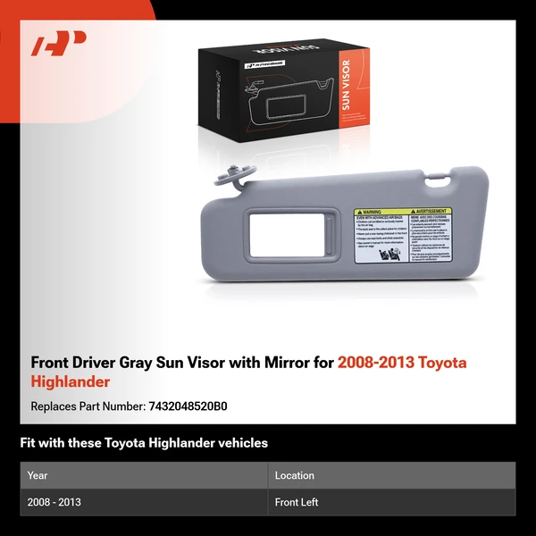 Front Driver Gray Sun Visor with Mirror for 2008-2013 Toyota Highlander