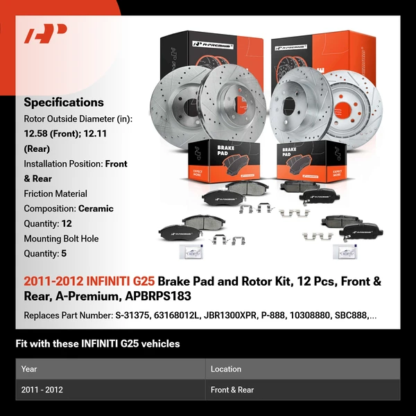 2011-2012 INFINITI G25 Brake Pad and Rotor Kit, 12 Pcs, Front & Rear, A-Premium, APBRPS183