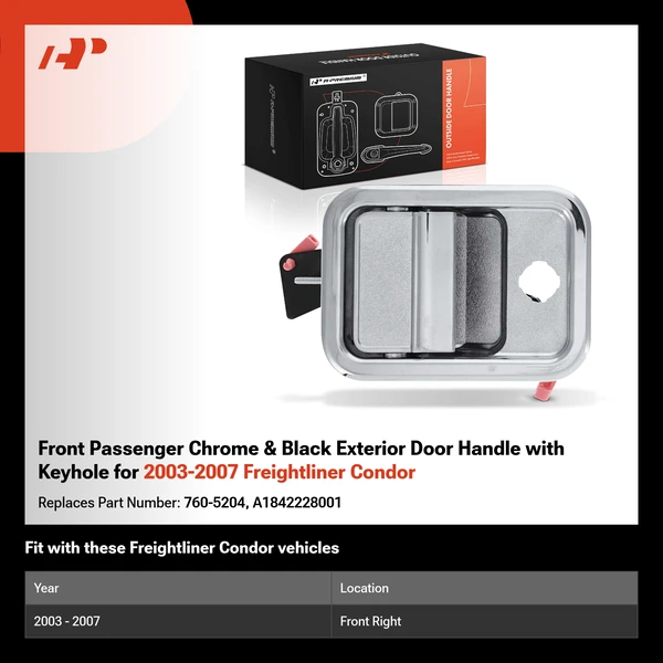 Front Passenger Chrome & Black Exterior Door Handle with Keyhole for 2003-2007 Freightliner Condor