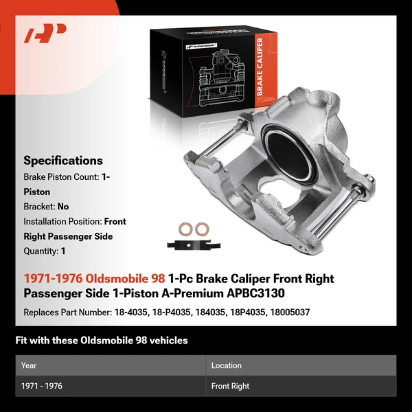 1971-1976 Oldsmobile 98 1-Pc Brake Caliper Front Right Passenger Side 1-Piston A-Premium APBC3130