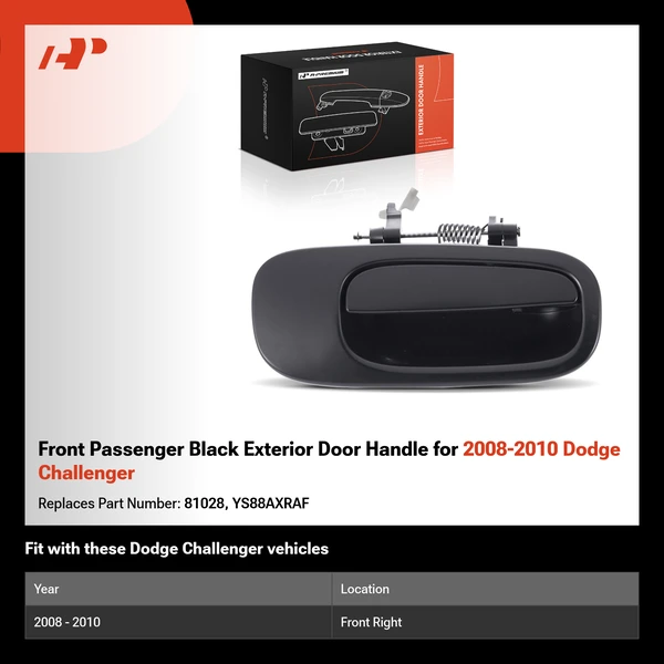Front Passenger Black Exterior Door Handle for 2008-2010 Dodge Challenger