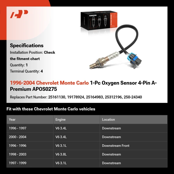 1996-2004 Chevrolet Monte Carlo 1-Pc Oxygen Sensor 4-Pin A-Premium APOS0275
