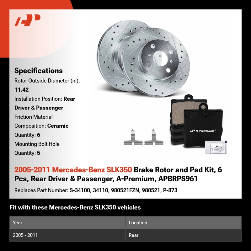 2005-2011 Mercedes-Benz SLK350 Brake Rotor and Pad Kit, 6 Pcs, Rear Driver & Passenger, A-Premium, APBRPS961