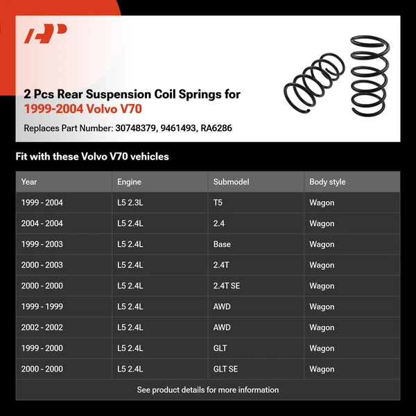 2 Pcs Rear Suspension Coil Springs for 1999-2004 Volvo V70