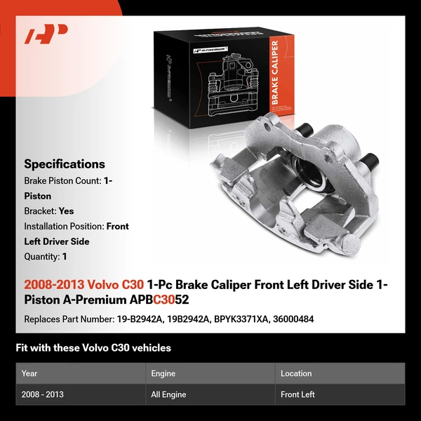 2008-2013 Volvo C30 1-Pc Brake Caliper Front Left Driver Side 1-Piston A-Premium APBC3052