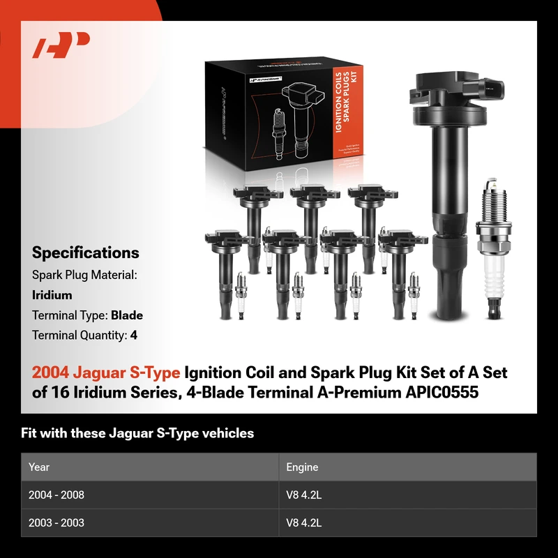 2004 Jaguar S-Type Ignition Coil and Spark Plug Kit Set of A Set of 16 Iridium Series, 4-Blade Terminal A-Premium APIC0555