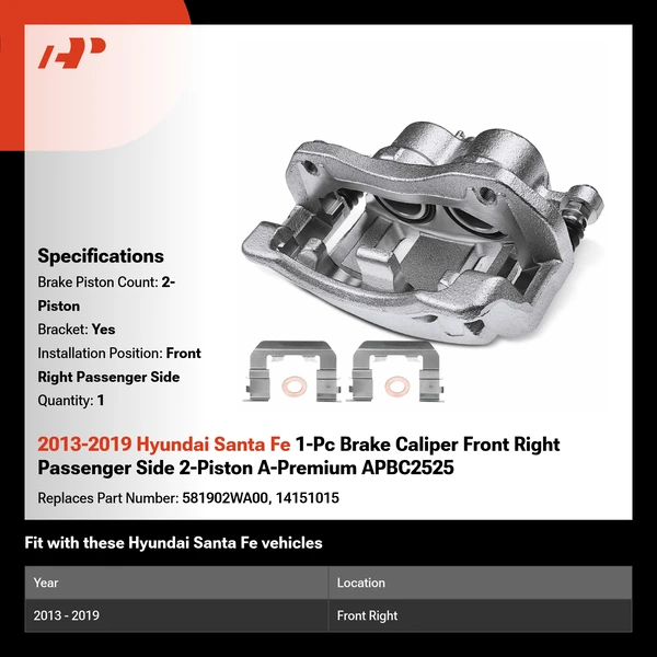 2013-2019 Hyundai Santa Fe 1-Pc Brake Caliper Front Right Passenger Side 2-Piston A-Premium APBC2525