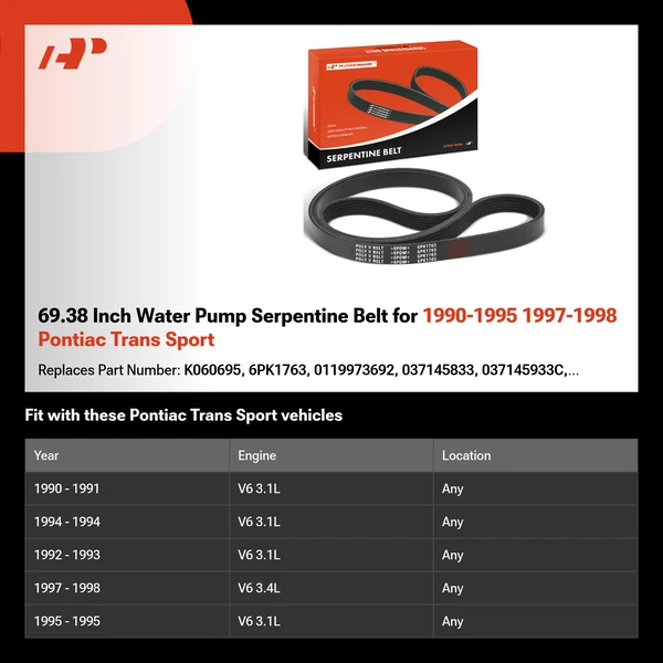 69.38 Inch Water Pump Serpentine Belt for 1990-1995 1997-1998 Pontiac Trans Sport