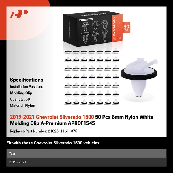2019-2021 Chevrolet Silverado 1500 50 Pcs 8mm Nylon White Molding Clip A-Premium APRCF1545