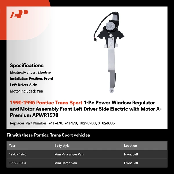 1990-1996 Pontiac Trans Sport 1-Pc Power Window Regulator and Motor Assembly Front Left Driver Side Electric with Motor A-Premium APWR1970