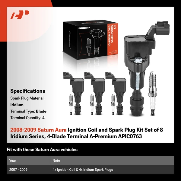2008-2009 Saturn Aura Ignition Coil and Spark Plug Kit Set of 8 Iridium Series, 4-Blade Terminal A-Premium APIC0763