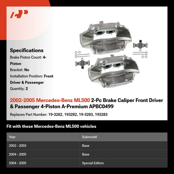2002-2005 Mercedes-Benz ML500 2-Pc Brake Caliper Front Driver & Passenger 4-Piston A-Premium APBC0499