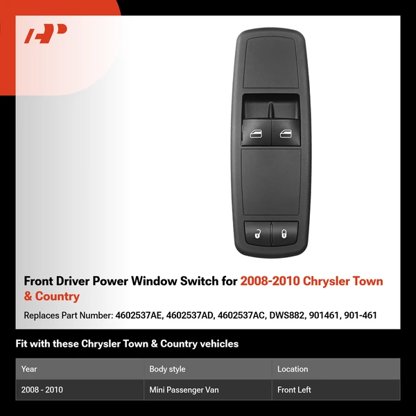 Front Driver Power Window Switch for 2008-2010 Chrysler Town & Country
