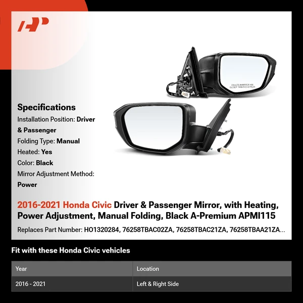 2016-2021 Honda Civic Driver & Passenger Mirror, with Heating, Power Adjustment, Manual Folding, Black A-Premium APMI115