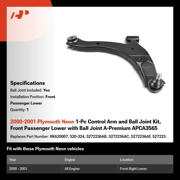 2000-2001 Plymouth Neon 1-Pc Control Arm and Ball Joint Kit, Front Passenger Lower with Ball Joint A-Premium APCA3565