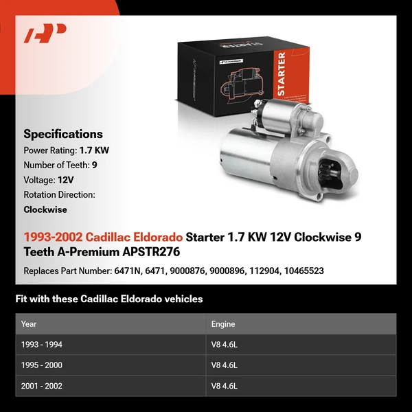 1993-2002 Cadillac Eldorado Starter 1.7 KW 12V Clockwise 9 Teeth A-Premium APSTR276