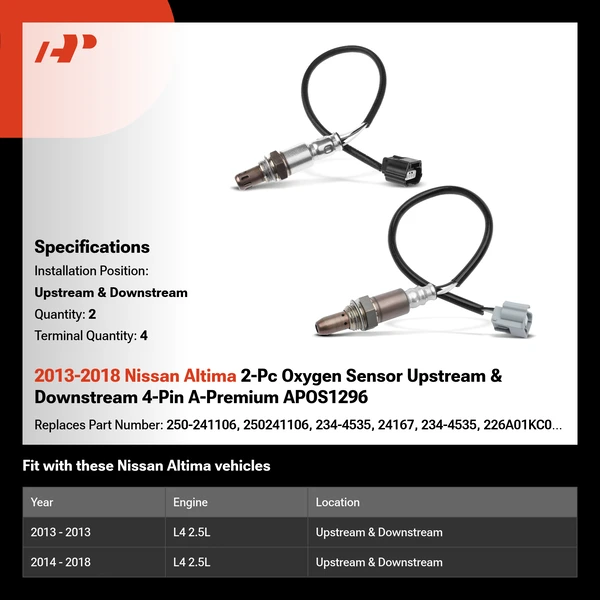 2013-2018 Nissan Altima 2-Pc Oxygen Sensor Upstream & Downstream 4-Pin A-Premium APOS1296