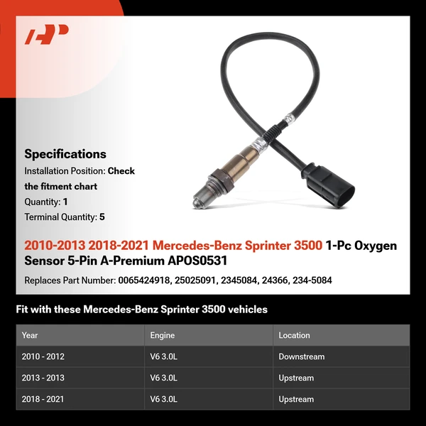 2010-2013 2018-2021 Mercedes-Benz Sprinter 3500 1-Pc Oxygen Sensor 5-Pin A-Premium APOS0531