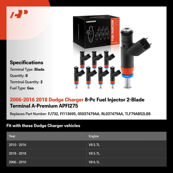 2006-2016 2018 Dodge Charger 8-Pc Fuel Injector 2-Blade Terminal A-Premium APFI275