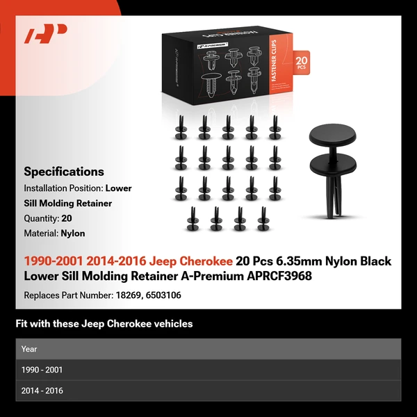 1990-2001 2014-2016 Jeep Cherokee 20 Pcs 6.35mm Nylon Black Lower Sill Molding Retainer A-Premium APRCF3968