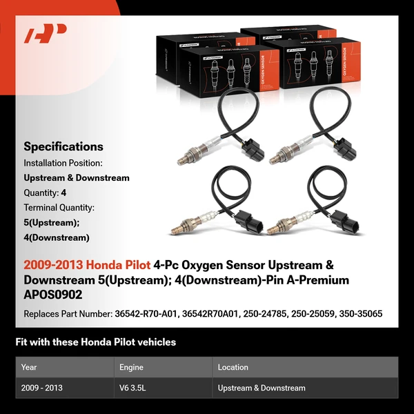 2009-2013 Honda Pilot 4-Pc Oxygen Sensor Upstream & Downstream 5(Upstream); 4(Downstream)-Pin A-Premium APOS0902