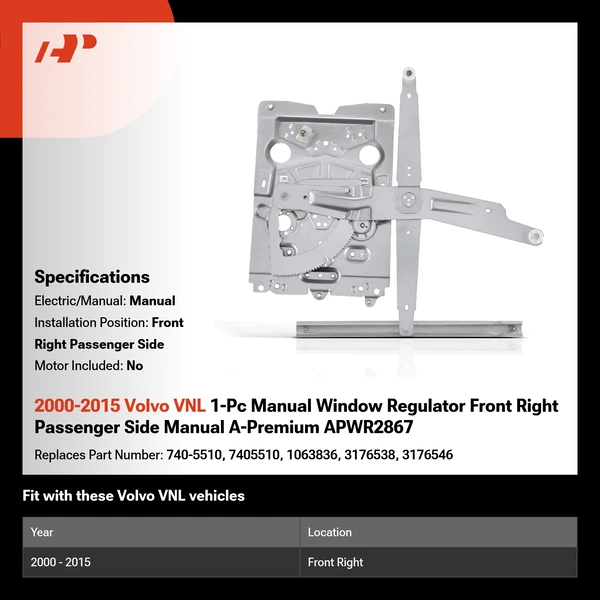 2000-2015 Volvo VNL 1-Pc Manual Window Regulator Front Right Passenger Side Manual A-Premium APWR2867