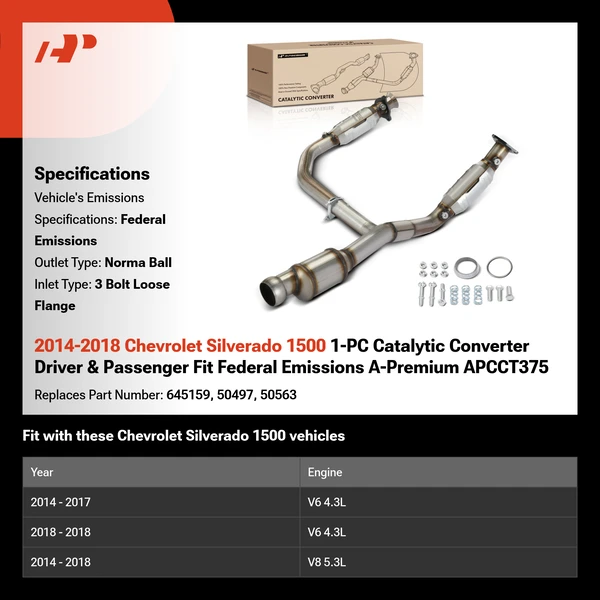 2014-2018 Chevrolet Silverado 1500 1-PC Catalytic Converter Driver & Passenger Fit Federal Emissions A-Premium APCCT375