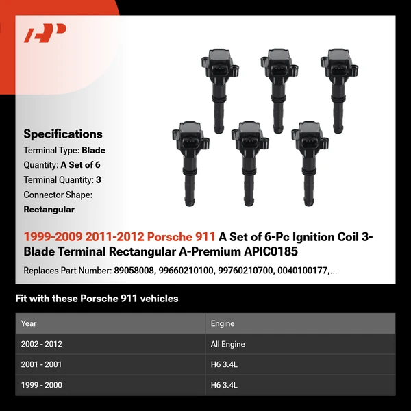 1999-2009 2011-2012 Porsche 911 A Set of 6-Pc Ignition Coil 3-Blade Terminal Rectangular A-Premium APIC0185