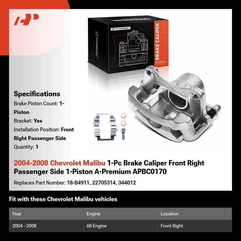 2004-2008 Chevrolet Malibu 1-Pc Brake Caliper Front Right Passenger Side 1-Piston A-Premium APBC0170