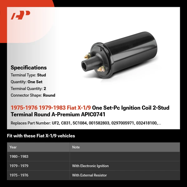 1975-1976 1979-1983 Fiat X-1/9 One Set-Pc Ignition Coil 2-Stud Terminal Round A-Premium APIC0741