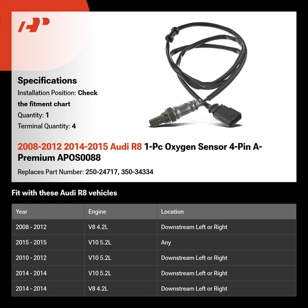 2008-2012 2014-2015 Audi R8 1-Pc Oxygen Sensor 4-Pin A-Premium APOS0088