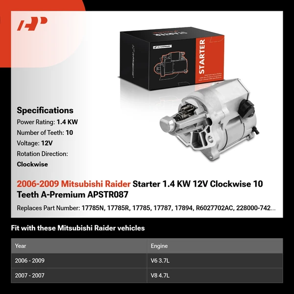 2006-2009 Mitsubishi Raider Starter 1.4 KW 12V Clockwise 10 Teeth A-Premium APSTR087